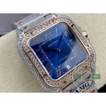 Macro of the blue dial, Roman numerals and date window ringed by set stones