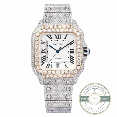 Replica Cartier Santos W3SA0007, pave case and bracelet with a silver-white dial