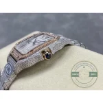 Cabochon crown and rose gold flank seen along the stone-set case profile