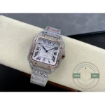 Full watch on its display cushion, white dial bright against the set bezel