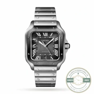 Replica Cartier Santos WSSA0037 in steel, 47.5 mm case over a charcoal grey Roman dial