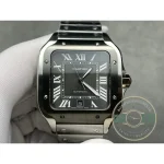 Charcoal grey dial with white Roman numerals and a date aperture at six o'clock