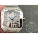 Openworked movement visible between the Roman numeral bridges of the skeleton dial