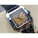 Steel bezel screws framing the square case above the alligator strap lugs