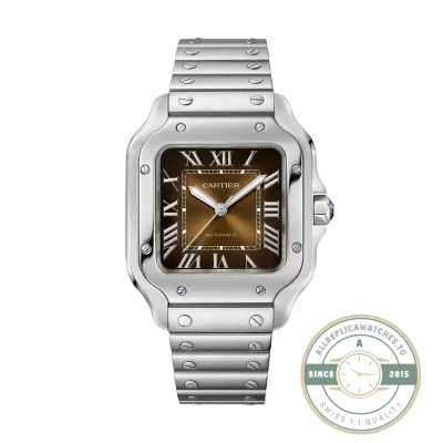 Replica Cartier Santos WSSA0065 with an amber dial on the steel SmartLink bracelet