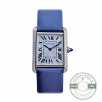 Cartier Tank W4TA0011 at twenty-two millimetres, diamond-set case, blue satin strap
