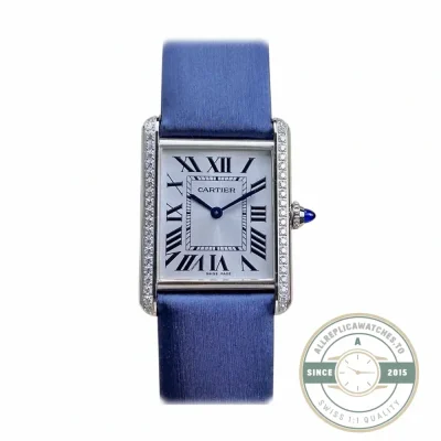 Cartier Tank W4TA0011 at twenty-two millimetres, diamond-set case, blue satin strap
