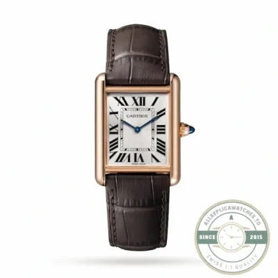 Tank Louis W5200002 from Cartier pictured in rose gold tone on a dark brown strap
