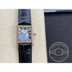 Stones running the length of both brancards around a pale iridescent dial