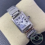 Square shoulders of the case meeting the first bracelet link on each side