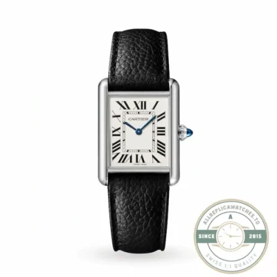 Cartier Tank WSTA0050 in steel, white Roman dial on a black leather strap