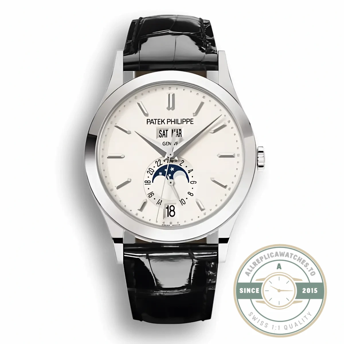 Replica Complications 5396G-011 Patek Philippe ANNUAL CALENDAR, MOON PHASES. 38.5 mm, White Gold, White Dial - Budget Luxury Replica Watch