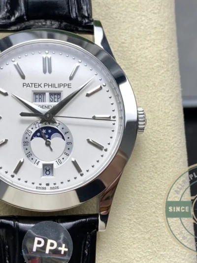Replica Complications 5396G-011 Patek Philippe ANNUAL CALENDAR, MOON PHASES. 38.5 mm, White Gold, White Dial - Affordable Luxury Replica Timepiece