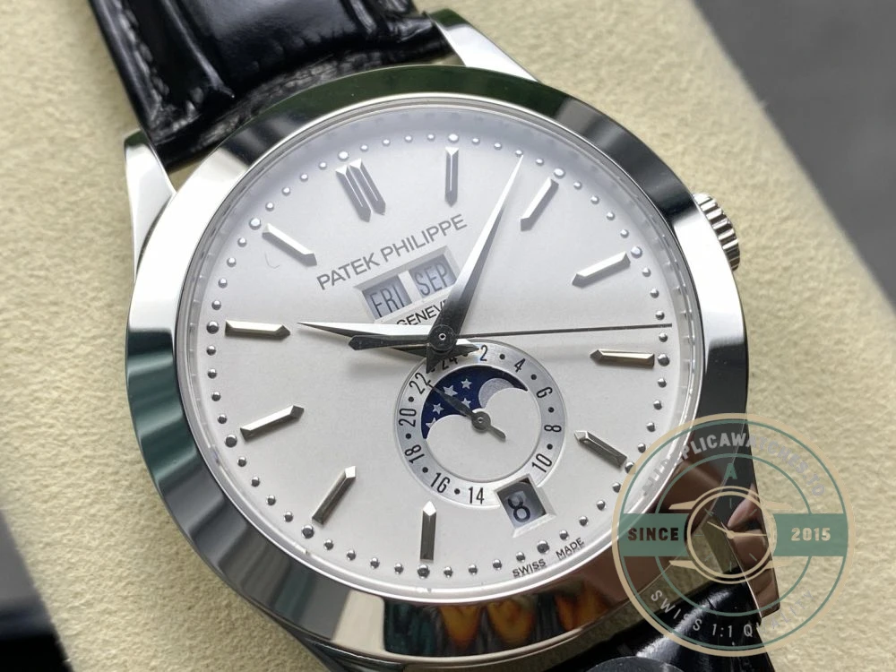 Replica Complications 5396G-011 Patek Philippe ANNUAL CALENDAR, MOON PHASES. 38.5 mm, White Gold, White Dial - 1:1 Swiss Replica Watch