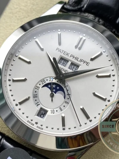 Replica Complications 5396G-011 Patek Philippe ANNUAL CALENDAR, MOON PHASES. 38.5 mm, White Gold, White Dial - Budget Luxury Replica Watch