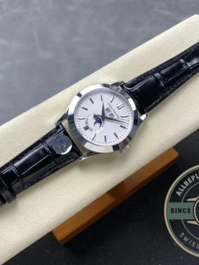 Replica Complications 5396G-011 Patek Philippe ANNUAL CALENDAR, MOON PHASES. 38.5 mm, White Gold, White Dial - 1:1 Swiss Replica Watch