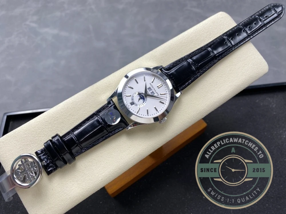 Replica Complications 5396G-011 Patek Philippe ANNUAL CALENDAR, MOON PHASES. 38.5 mm, White Gold, White Dial - 1:1 Swiss Replica Watch