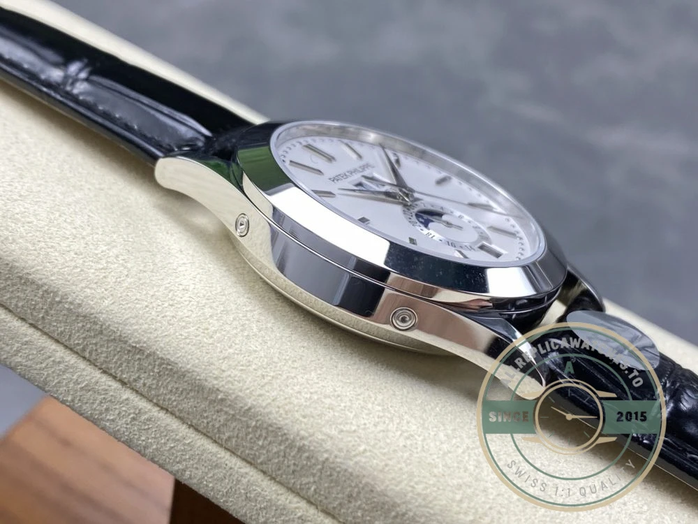 Replica Complications 5396G-011 Patek Philippe ANNUAL CALENDAR, MOON PHASES. 38.5 mm, White Gold, White Dial - Affordable Luxury Replica Timepiece