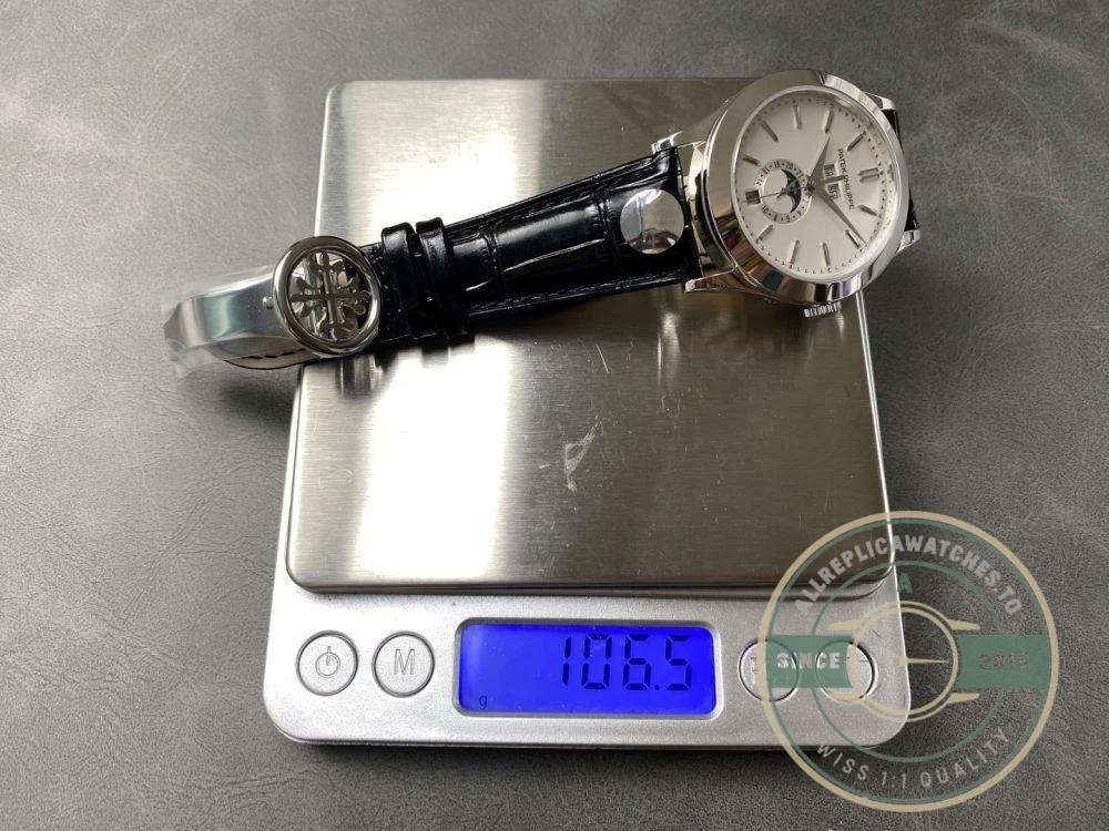 Replica Complications 5396G-011 Patek Philippe ANNUAL CALENDAR, MOON PHASES. 38.5 mm, White Gold, White Dial - 1:1 Swiss Replica Watch