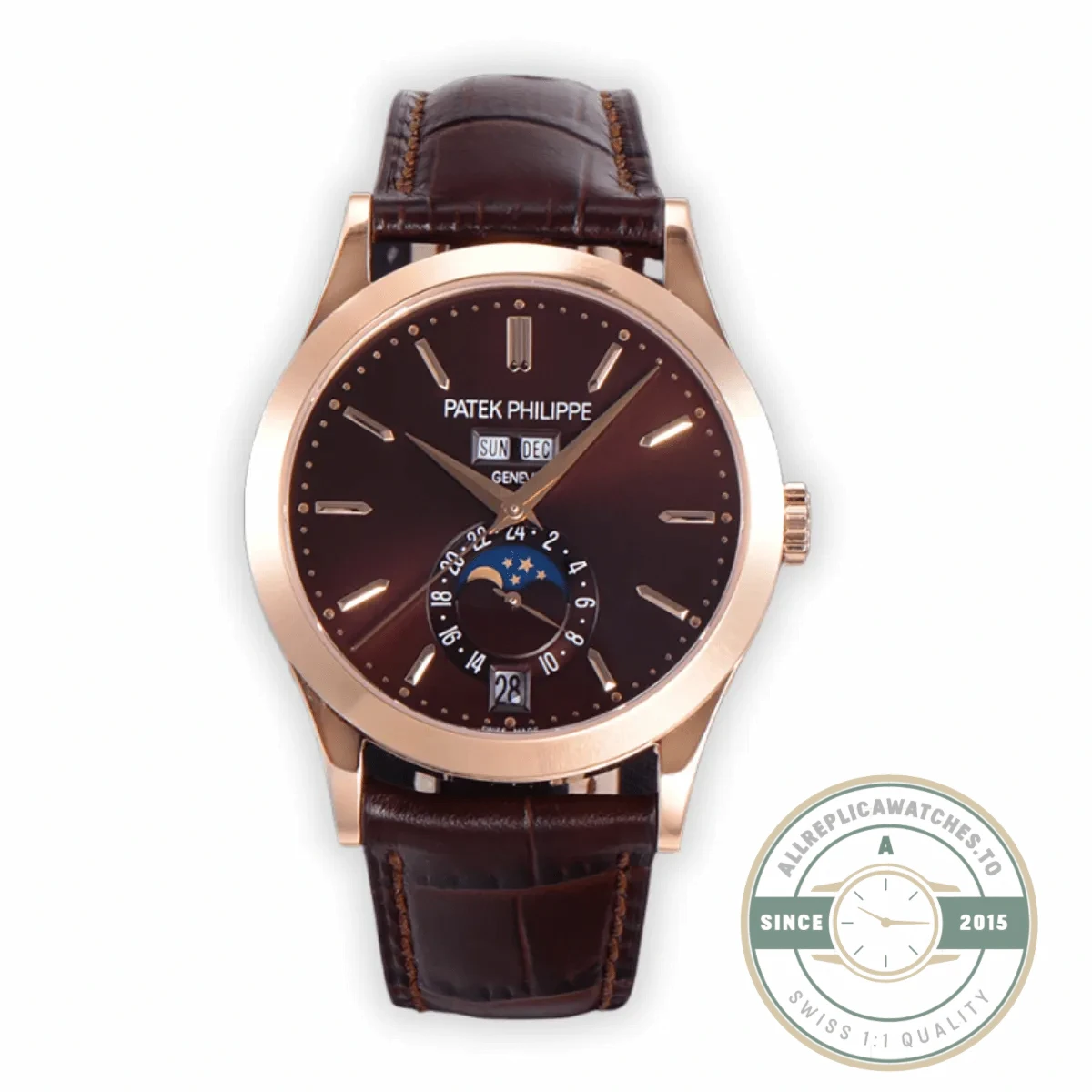 Replica Complications 5396R-015 Patek Philippe ANNUAL CALENDAR, MOON PHASES. 38, 5 mm, Rose gold, Brown Dial - High-Grade Replica Watch