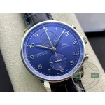 Sunburst blue shifts from navy toward electric blue as light crosses this chronograph