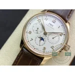 Dark brown alligator leather under a white perpetual calendar dial