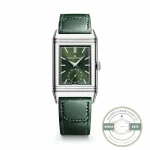 JLC Reverso replica front view, green sun-ray dial with steel baton markers and small seconds