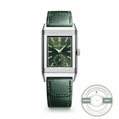 JLC Reverso replica front view, green sun-ray dial with steel baton markers and small seconds
