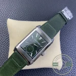 Steel folding clasp closed on the green leather strap of the Reverso Monoface super clone