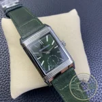 Small seconds counter at 6 o'clock on the green Reverso replica dial, steel hand over printed track