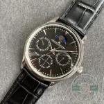Polished dauphine hands and applied hour markers across the black calendar dial