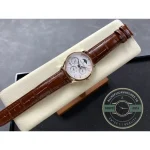 Wrist shot of the 39mm Master Ultra Thin perpetual calendar on brown alligator