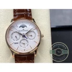 Crown and polished case band of the pink gold Master Ultra Thin calendar clone