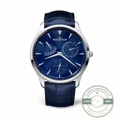 Jaeger-LeCoultre Master Ultra Thin Reserve de Marche replica, blue sunburst dial viewed straight on