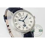 Dial at an angle: blued leaf hands, blued seconds hand, black floral numerals
