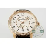 Tilted front showing the fluted pink gold crown beside the 0.69 carat bezel row