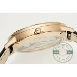 Profile of the 34mm case band, crown out to the right, strap curving below