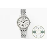 Whole watch at a distance, bracelet curved, dial small enough to read the layout