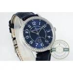 Angled dial: rhodium hands, white floral numerals, thin seconds hand on blue