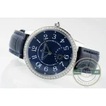 Case turned left, crown and lug flanks shown beside the blue alligator strap