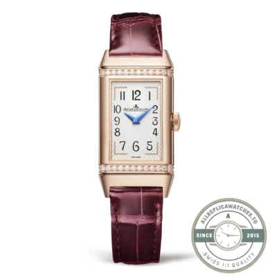 JLC Reverso Q3342520 replica seen front-on, rose gold tone case with a diamond-set bezel