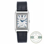 Replica JLC Reverso Tribute Duoface Q3908420 front dial, silvered grained finish with blue baton markers