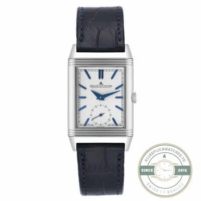 Replica JLC Reverso Tribute Duoface Q3908420 front dial, silvered grained finish with blue baton markers