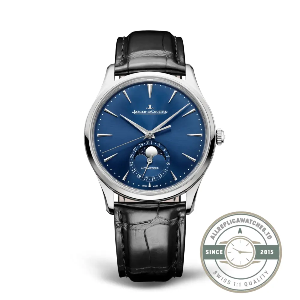 Master Ultra Thin Moon 39 ref 1368480 shot head-on, full blue sunray dial under sapphire