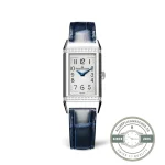 JLC Reverso replica Q3288420 seen from the front, diamond-set steel cradle and silvered guilloche dial