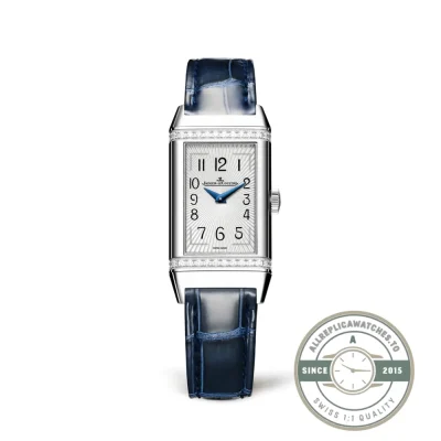 JLC Reverso replica Q3288420 seen from the front, diamond-set steel cradle and silvered guilloche dial