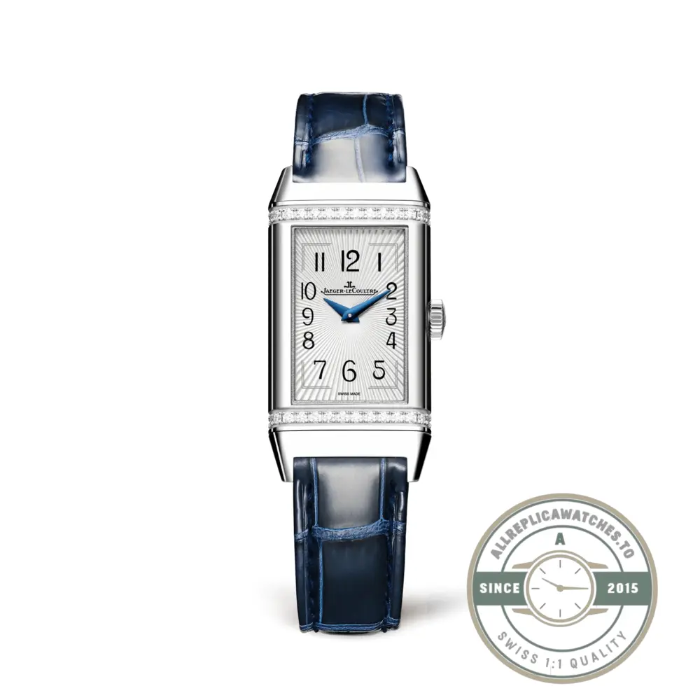JLC Reverso replica Q3288420 seen from the front, diamond-set steel cradle and silvered guilloche dial