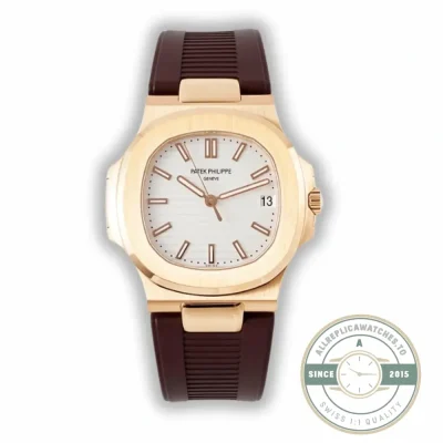 Replica Nautilus 5711-001 Patek Philippe 40 mm, Rose Gold, White Dial, Brown Rubber - Budget Luxury Replica Watch