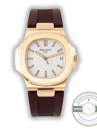 Replica Nautilus 5711-001 Patek Philippe 40 mm, Rose Gold, White Dial, Brown Rubber - Budget Luxury Replica Watch