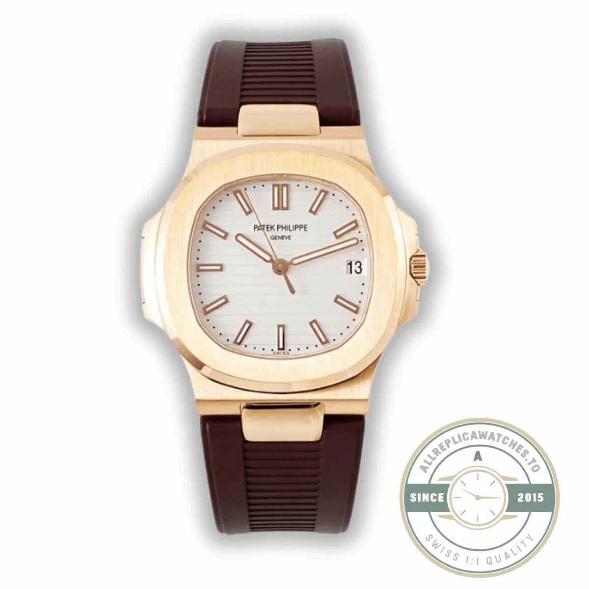Replica Nautilus 5711-001 Patek Philippe 40 mm, Rose Gold, White Dial, Brown Rubber - Budget Luxury Replica Watch